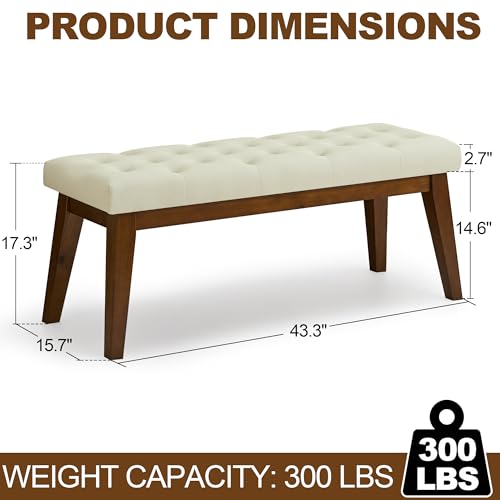 43.5'' Faux Leather Bedroom Bench, Upholstered End of Bed Bench with Tufted Button, Padded Vintage Dining Bench, Entryway Bench with Solid Wood Legs, Kitchen, Living Room, Hallway, Beige Tufted - color: Beige-pu-tufted