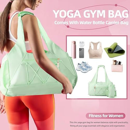 Gym Bag for Women, Yoga Mat Bag with Shoe Compartment and Wet Pocket, Sport Yoga Gym Bag with Yoga Strap, Carryall Yoga Tote Bag - color: Green