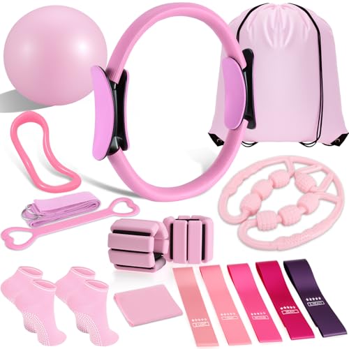 LiKiLiKi Pilates Ring and Ball Set, Home Pilates Equipment for Women with Resistance Bands, 12'' Magic Circle, 9.8'' Ball, for Strength, Toning and Flexibility, Fitness Essentials Starter Accessories - color: Pink