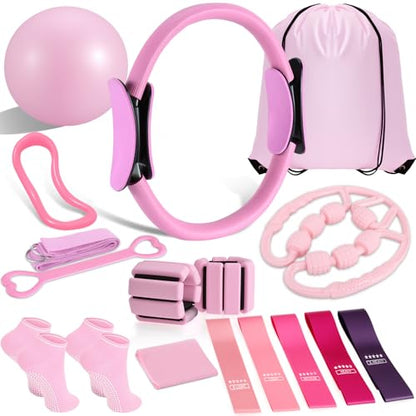 LiKiLiKi Pilates Ring and Ball Set, Home Pilates Equipment for Women with Resistance Bands, 12'' Magic Circle, 9.8'' Ball, for Strength, Toning and Flexibility, Fitness Essentials Starter Accessories