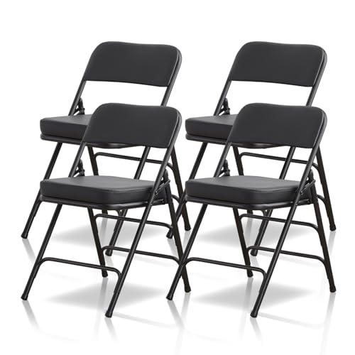 Padded Folding Chair Indoor Metal Foldable Chair Black- 2 Pack | Comfortable Thick Vinyl Cushion Seat Durable Elegant Upholstered Chair for Small Space Home, Office and Events - color: Black-4pcs