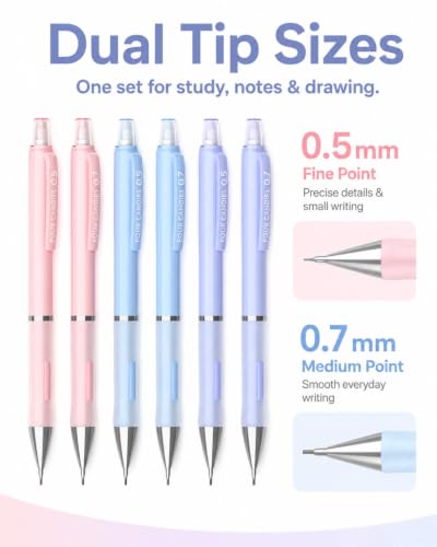 Four Candies 6-Pack Pastel Mechanical Pencil Set with Case | 0.5/0.7mm, 360 Leads, 3 Erasers+9 Refills, Cute Pink/Purple/Blue Barrels, Non-Slip Grip, For Writing, Notes & Drawing - style: 0.5mm+0.7mm