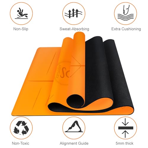 Natural Rubber Yoga Mat - Non Slip Non Toxic - 5mm Thick Yoga Mat for Hot Yoga/Pilates - Extra Large 26.8’’ with Alignment Guide - Sweat Proof - with Carrying Bag - color: Vibrant Orange