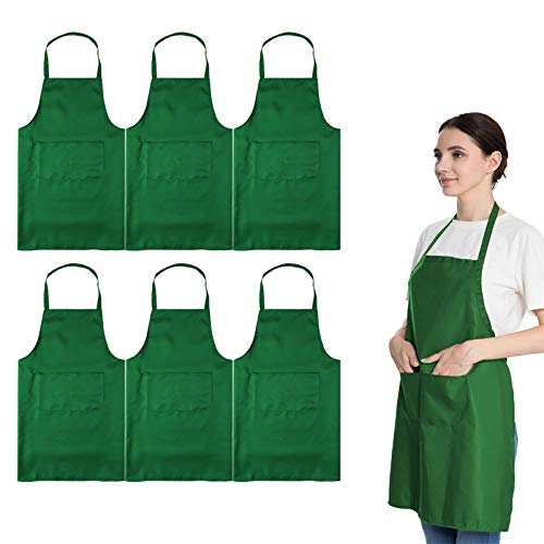 Total 6PCS Green Plain Color Bib Apron for Adult Women Unisex Durable Comfortable with 2 Front Pockets Washable Aprons for Chef Cooking Baking Kitchen Restaurant Crafting - color: Green