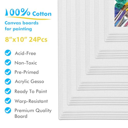 Canvas Boards for Painting, 8x10 inch Set of 24 | Gesso Primed White Canvases for Painting, 100% Cotton Art Supplies Canvas for Acrylic Paint, Pouring, Oil Paint - size: 8x10 inch