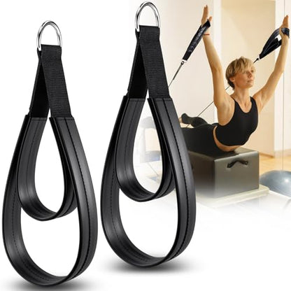 TOBWOLF 2PCS Pilates Straps for Reformer, Double Loop D Ring Foot Hand - color: Glossy Black - PU Leather