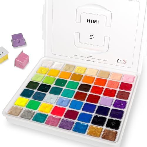 HIMI Gouache Paint Set 56 Colors 30ml/1oz Metallic Fluorescent Non-Toxic | 56 Colors inc Metallic & Fluorescent; Non-toxic ASTM D-4236 EN71; Jelly cup gouache set; Thick creamy opaque pigments