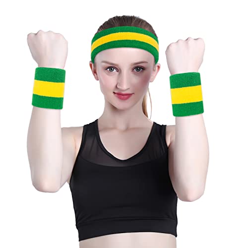 ONUPGO Sweatband Set Sports Headband Wristband Set Sweatbands Terry Cloth Wristband Wrist Sweatband Headbands Moisture Wicking Sweat Absorbing Head Band - color: Green/Yellow/Green