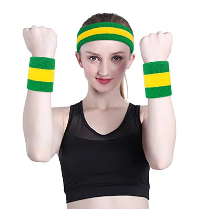 ONUPGO Sweatband Set Sports Headband Wristband Set Sweatbands Terry Cloth Wristband Wrist Sweatband Headbands Moisture Wicking Sweat Absorbing Head Band - color: Green/Yellow/Green