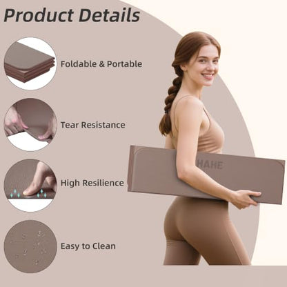 HAHE Foldable Yoga Mat 74"Lx32"Wx1/3"Thick, Folding Exercise Mats - color: Brown
