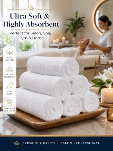 BIOLINEN Salon Towels 24 Pack White 15x25, 100% Cotton Hand Towels for Bathroom, Bleach Resistant Barber Esthetician Spa Gym Towels, Super Absorbent - color: White