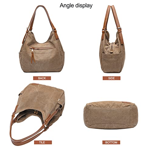 Worldlyda Women Canvas Hobo Purse Multi Pocket Tote Shopper Shoulder Bag Casual Top Handle handbag with Embroidery Ethnic - color: Be06brown