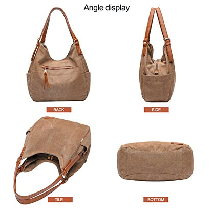 Worldlyda Women Canvas Hobo Purse Multi Pocket Tote Shopper Shoulder Bag Casual Top Handle handbag with Embroidery Ethnic - color: Be06brown