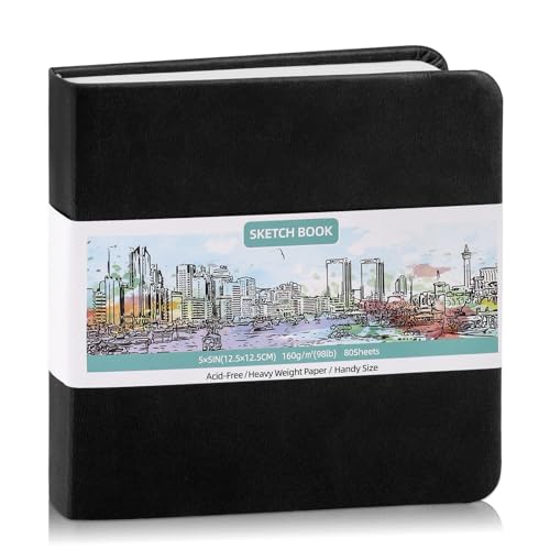 Hardcover Pocket Sketchbook 5 x 5 in, 80 Sheets Small Sketch Book, Black | 160gsm acid-free paper, elastic closure and ribbon bookmark, compact travel size for sketching on the go - color: Black