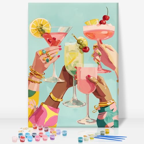 Framed Paint by Numbers Kit for Adults, Cocktail Cheers, 8 x 12 Inch | DIY Adult Paint by Number Kit for Beginners, Bar Wall Decor, Stress Relief Craft Gift, Creative Hobby - color: TRTD1PF306