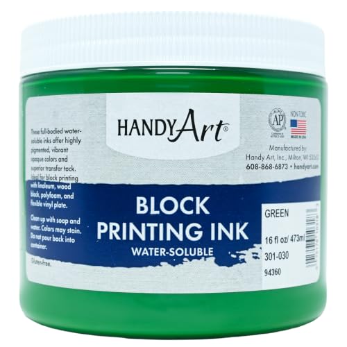Handy Art Block Printing Ink, Green, 16 oz Jar, Water-Soluble | Highly Pigmented Vibrant Opaque Color with Superior Transfer Tack, Water Soluble, Certified Safe & AP Non-Toxic, Made in USA - color: Green, size: 16 Fl Oz