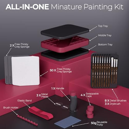 Nicpro Miniature Painting Kit with Wet Palette, Painting Handle & Brushes | Miniature Painting Handle, 11PCS Detail Paint Brushes Drybrush, 50PCS Wet Pallet Paper, 2PCS Sponge, Brush Holder - color: Red & Black