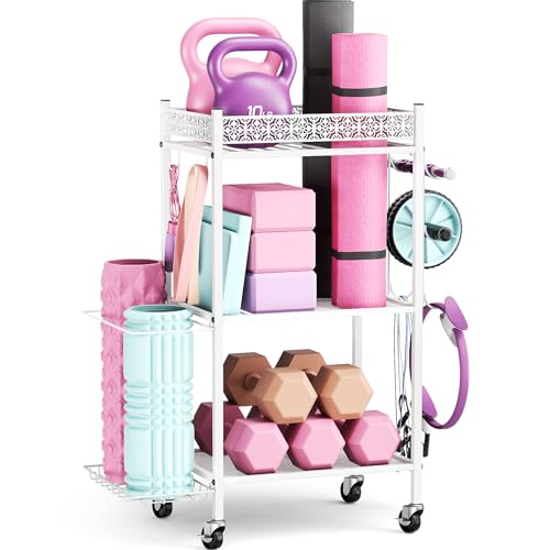VOPEAK Home Gym Storage Rack, 3-Tier Yoga Mat Storage with Wheels & Hooks | 200 lbs steel rack with lockable casters & side hooks. 3-tier fits yoga mats & dumbbells — 10-min assembly - color: WHITE