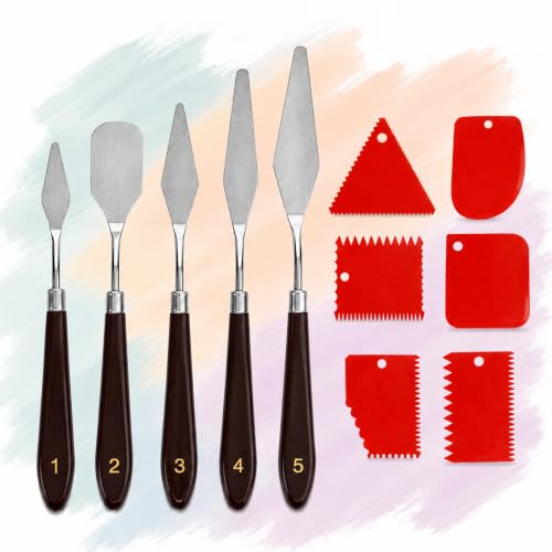 11 Pcs Painting Palette Knife Set, 5 Pcs Professional Stainless Steel Palette Knives with 6 Plastic Scrapers, Art Paint Tools for Oil, Acrylic, Watercolor Painting and Cake Decorating