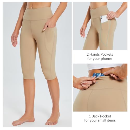 baleaf Women's Capri Leggings with Pockets Knee Length High Waisted - color: Khaki, size: X-Small