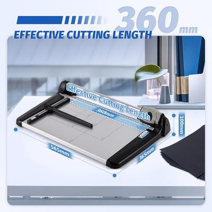 Rotary Paper Trimmer, 15 Sheets Heavy Duty Paper Trimmer, 360mm(14.17") Cutting Length, Commercial Grade Rotary Paper Cutter for Home/Office/School, Black & Silver | Sharp & Safe Blade, Effective for A4-A6 Size, Commercial Grade Rotary Paper Cutter for Ho