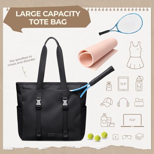 Tennis Tote Bag for Women with Yoga Mat Straps, Racket Holder Bags, 24L Lightweight Sports Bag with Wet Pocket - color: Black