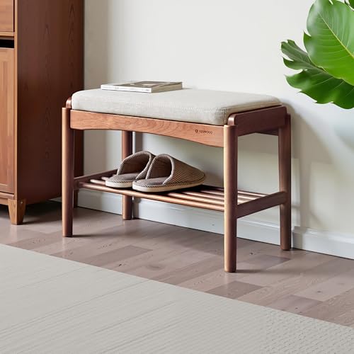 Solid Wood Shoe Bench, 24 Inch Entryway Bench with Light Gray Cushion - color: Walnut + Light Gray Cushion, size: 23.62"