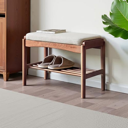 Solid Wood Shoe Bench, 24 Inch Entryway Bench with Light Gray Cushion - color: Walnut + Light Gray Cushion, size: 23.62"