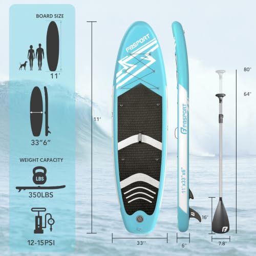 FBSPORT 11' Premium Stand Up Paddle Board, Yoga Board with SUP Accessories & Carry Bag | Wide Stance, Surf Control, Non-Slip Deck, Leash, Paddle and Pump for Youth & Adult - color: Ice Blue