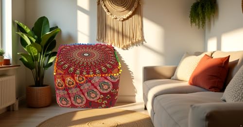 CRAFT KALA Large Hippie Mandala Meditation Floor Ottoman Pillow Cushion Pouf Cover Square Poufs Cover Bohemian Circle Floor Cushion Case Outdoor Fireplace Living Room Decor 18X18X14 inches, Red Mirchi - color: Red Mirchi