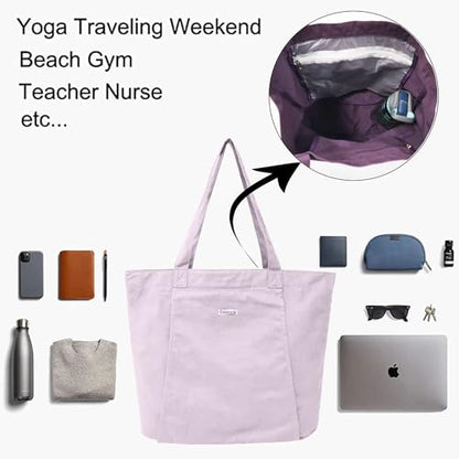 Yoga Mat Bag for Women, Pure Cotton Canvas Yoga Tote with Wet/Dry Pocket, Bottle Holder & Inner Zipper Pocket, Yoga Mat Carrier Bag for Pilates, Gym, Travel, Beach - color: Lilac