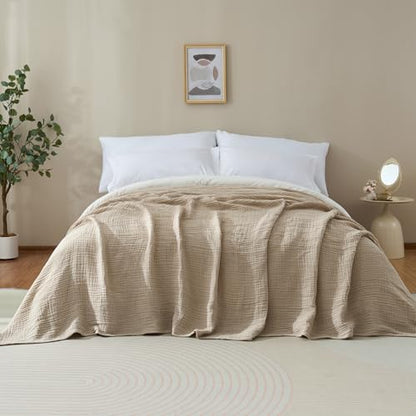 100% Cotton Muslin Blanket for Adult 108x90 4-Layer Gauze Throw - color: Khaki, size: 108x90 inch