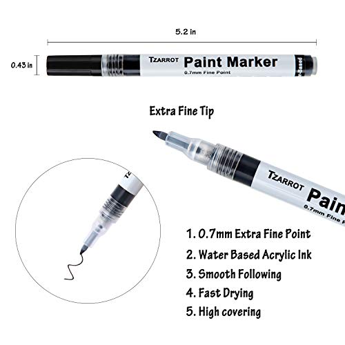 White Paint Pen, 8 Pack 0.7mm Acrylic Paint Pens with 2 White 2 Black 2 Gold 2 Silver Permanent Marker for Wood Rock Fabric Metal Plastic Ceramic Acrylic Markers Extra Fine Tip