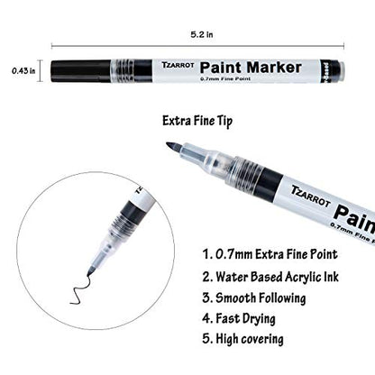 White Paint Pen, 8 Pack 0.7mm Acrylic Paint Pens with 2 White 2 Black 2 Gold 2 Silver Permanent Marker for Wood Rock Fabric Metal Plastic Ceramic Acrylic Markers Extra Fine Tip