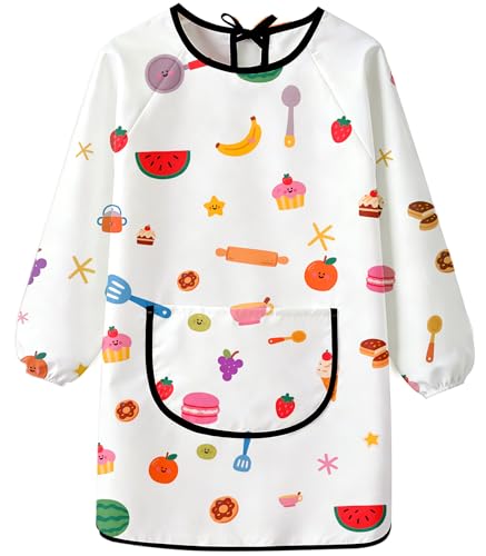 MINIQ Kids Art Smock,Waterproof Painting Apron Artist Smocks with Pocket Long Sleeves - color: Pink Kitchen Fun, size: XXL for Age 5-8