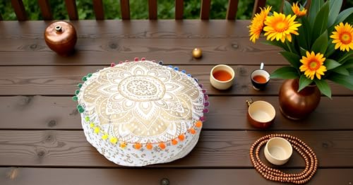 INDIAN CRAFT CASTLE ICC Mandala Barmeri Large Floor Pillow Cover Cushion Meditation Seating Ottoman Throw Cover Hippie Decorative Zipped Bohemian Pouf Ottoman Cases Golden, 16" Round - color: Golden, size: 16"D x 16"W x 5"H