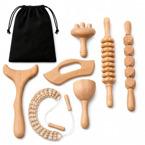 7-in-1ct, Wood Therapy Kit for Lymphatic Drainage, Maderoterapia Wooden Massager, Anti Cellulite Body Sculpting Roller, Body Contouring Tool for Waist, Legs & Back
