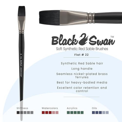 Black Swan Synthetic Red Sable Flat Paint Brushes - Flat Size # 11 - Professional Quality Long Handle Paint Brushes for Oil, Heavy Body Media and Acrylic - Artists of All Levels - size: Size 22