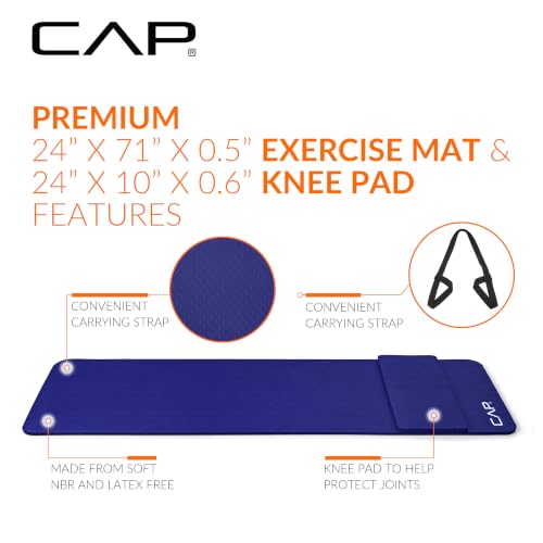CAP Barbell 1/2-Inch High Density Exercise Yoga Mat with Strap | Multiple Options - color: Blue, style: Yoga Mat w/Knee Pad