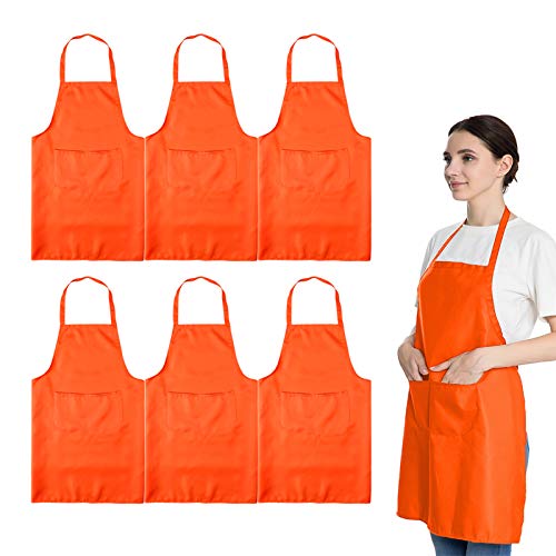 Total 6PCS Plain Color Bib Apron Adult Women Unisex Durable Comfortable with 2 Front Pocket Washable Chef for Cooking Baking Kitchen Restaurant Crafting Orange - color: Orange