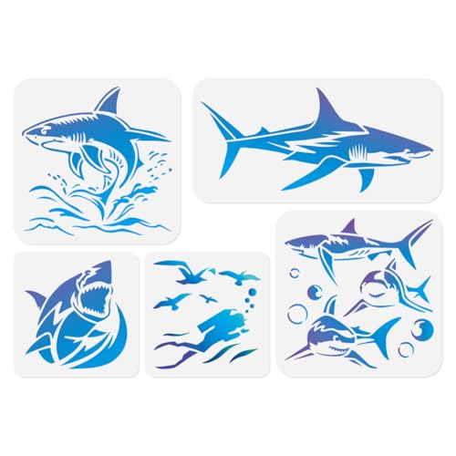 5Pcs Ocean Shark Stencils, Reusable Painting Templates | Multi-Size Plastic Craft Stencils, Shark Marine Wall Stencils, DIY Home Decor Templates for Wood Wall Floor Fabric Furniture - style: Shark