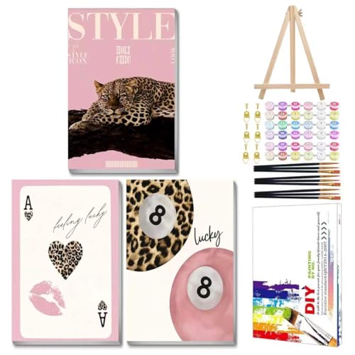 Mandun Lucky Leopard Paint by Numbers Kit for Adults, 3 Pack, 7.8x11.8 inch | DIY Painting Kits Crafts for Adults, Relieve Stress, Frame Canvas, Wooden Easel, Gift Box, Home Wall Decor - color: Lucky Leopard 8 Ball