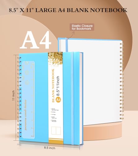 Blank Spiral Notebook Journal 8.5” x 11”, A4 Large Sketch Book for Women Men, 100 GSM Blank Paper Drawing Notebook, Plastic Hardcover Spiral Bound Sketchbook for Sketching Work School Writing, Blue - color: Blue, size: Plain
