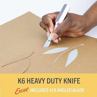 Excel Blades K6 Heavy-Duty Precision Knife – Hexagonal Metal Handle with Angled #19 Blade – Easy-Change Craft Knife for Cutting Thick Materials, Paper, Plastic and Wood - Made In USA
