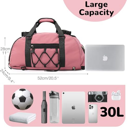 Womens Gym Bag, 30L Medium Size Sports Duffle Bag Backpack, Pink | with Ball Storage & Shoe Compartment & Wet Pocket & Yoga Mat Holder & Backpack Straps, Lightweight, Waterproof, Multi-Pocket