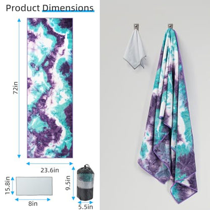 YESLIFE Non-Slip Yoga Towel, 72"x24", Purple | Microfiber yoga mat towel, grip dots, sweat absorbent, hot yoga Pilates workout, includes sweat towel, Purple - color: Green&purple
