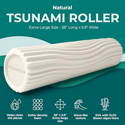 Oceanfoam Tsunami Roller (Natural) - Extra-Large, 26" x 5.9" - Soft, Textured Foam Roller for Physical Therapy, Back Pain, Exercise & Stretching - Wave Textured - Yoga, Athletics, & Wellness - color: Natural