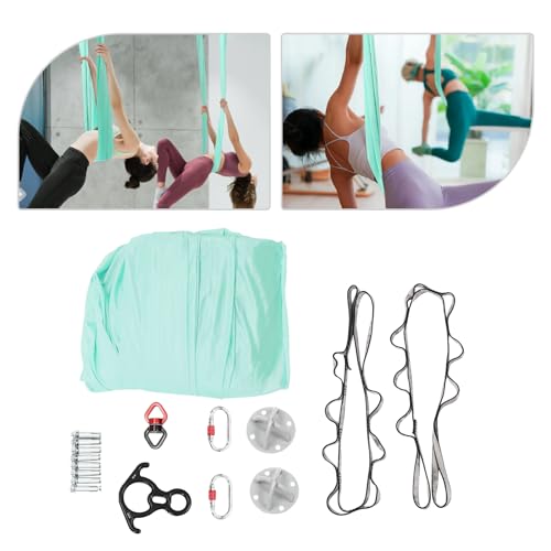 Deluxe Aerial Yoga Hammock Set – 5m/5.5yd Heavy Duty Polyester Aerial Silks Swing for Acrobatic, Circus Arts, Dance – 440lbs Capacity Yoga Trapeze with Extension Straps & Carabiners – Green