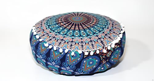 16 Inch Round Mandala Floor Cushion Cover, Blue Peacock Bohemian Pouf Cover, Cotton Ottoman Floor Pillow Cover, Decorative Meditation Cushion Case for Living Room, Bedroom, Home Decor (Cover Only) - color: Blue, size: 16"D x 16"W x 5"H