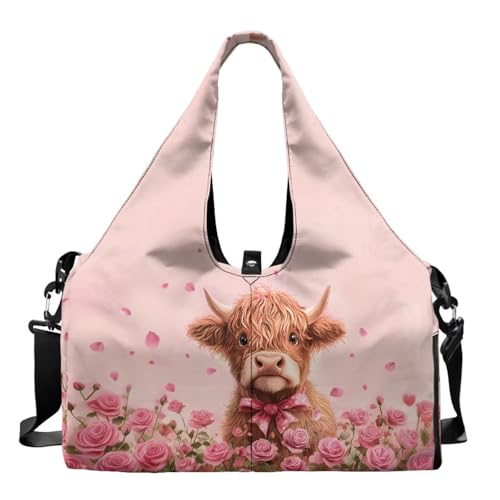 Gym Bag with Yoga Mat Holder Large Tote Bag With Multi Pockets for Women Men Dry Wet Separated Pocket Carryall Yoga Tote Bag for Pilates Travel Workout Office - color: Highland Cattle